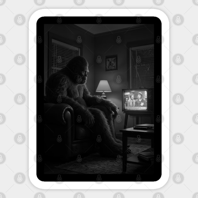 Bigfoot watching TV in his room #2 Sticker by Megadorim